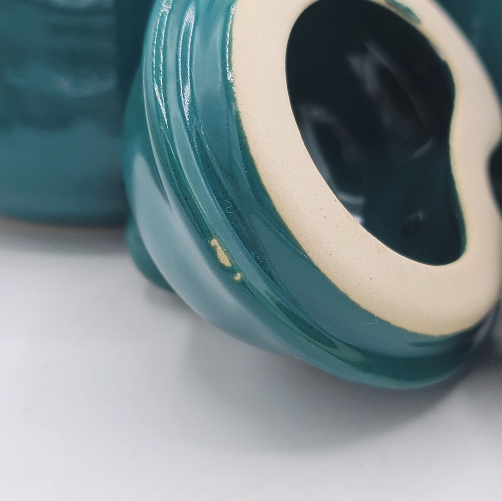 Teal Ceramic Vintage Taiwan Double Condiment Jar with Lids & Wooden Handle Spoon - Picture 7 of 8